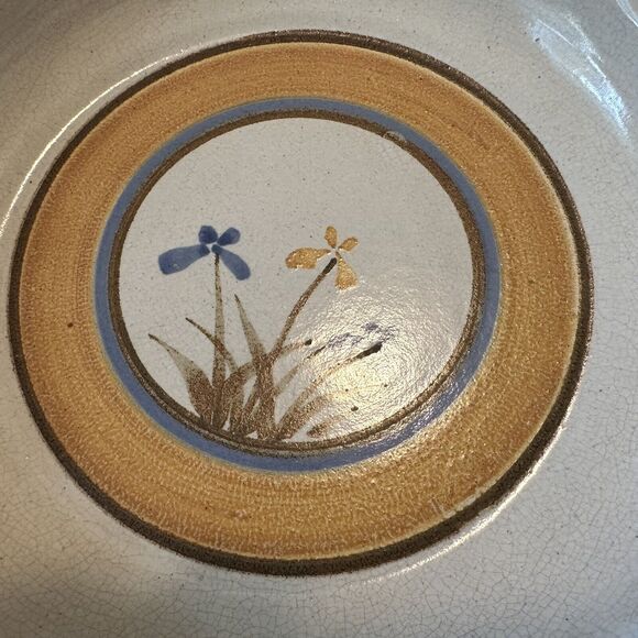 Stoneware Pie Plate Vintage Blue/Gold Iris flowers Fluted Glazed Edges Blue Trim - Picture 4 of 9